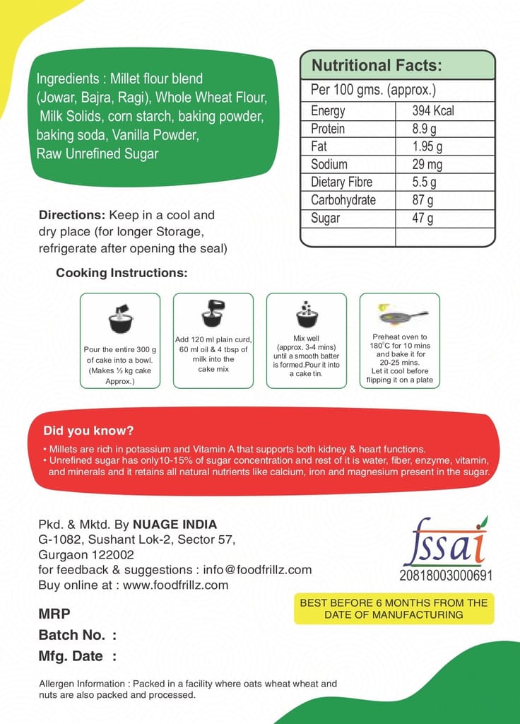 foodfrillz Millet Cake Premix (Classic Vanilla) + Whipping Cream Powder (Vanilla) + Rainbow Sprinkles (Strands) Combo of 3