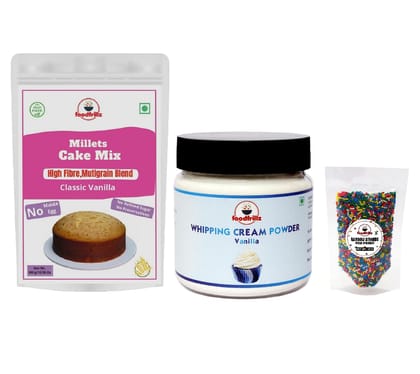 foodfrillz Millet Cake Premix (Classic Vanilla) + Whipping Cream Powder (Vanilla) + Rainbow Sprinkles (Strands) Combo of 3