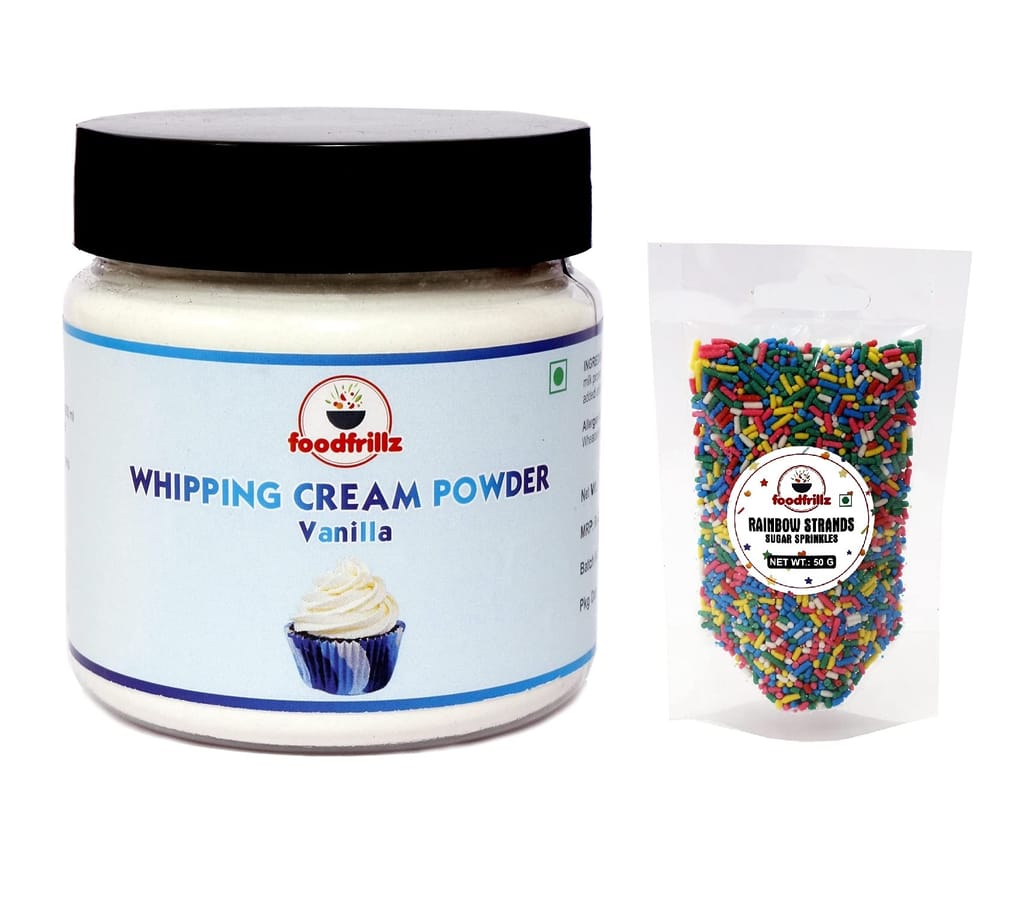 foodfrillz Millet Cake Premix (Classic Vanilla) + Whipping Cream Powder (Vanilla) + Rainbow Sprinkles (Strands) Combo of 3