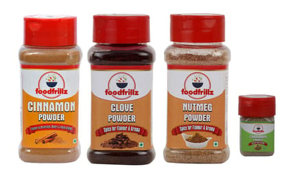 foodfrillz Cinnamon Powder, Nutmeg Powder,Clove Powder & Cardamom Powder,(Dalchini,Jaiphal,Laung,Chhoti Hari Elaichi) Pack of 4