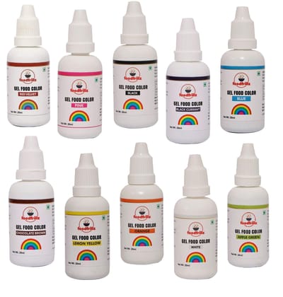 foodfrillz Gel Food Colours, Set of 10, 20 ml each (Red velvet, Apple Green, Lemon Yellow, Pink, Blue, Black, Brown, White, Orange, Purple) Finest colour for Cake,cookies,Ice Creams,Sweets