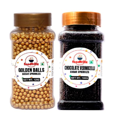 foodfrillz Golden Balls and Chocolate Vermicelli Strands Sugar Sprinkles, for Cake Decoration Combo Pack