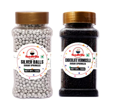 foodfrillz Silver Balls & Chocolate Vermicelli Strands Sugar Sprinkles, Pack of 2, 225 g
