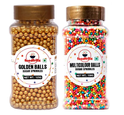 foodfrillz Golden Balls and Multicoloured Balls Sprinkles for Cake Decoration, Combo Pack