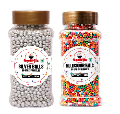 foodfrillz Silver Balls (125 g) and Multicoloured Balls (100 g) Sprinkles for cakes decoration, Pack of 2