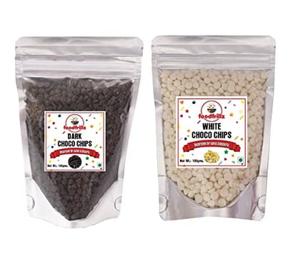 foodfrillz Dark & White Choco Chips Combo Pack (100 g x 2), 200 g for cakes, cookies, brownies, desserts, puddings