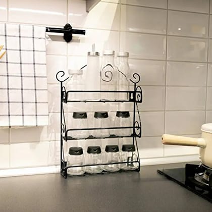 BIG WALL MOUNTED IRON WALL SHELF WITH 3 STORAGE RACKS FOR KITCHEN, PANTRY, CABINET, COUNTER TOP OR FREE STANDING, RACK HOLDER FOR KITCHEN