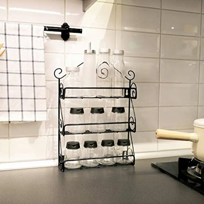 BIG WALL MOUNTED IRON WALL SHELF WITH 3 STORAGE RACKS FOR KITCHEN, PANTRY, CABINET, COUNTER TOP OR FREE STANDING, RACK HOLDER FOR KITCHEN