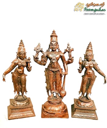 Copper Srinivasa Perumal with Sridevi and bhudevi 6 inches