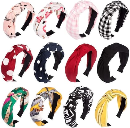 Printed Cotton Fabric Knot Bow Hairband/Headband For Women and Girls, Pack of 12