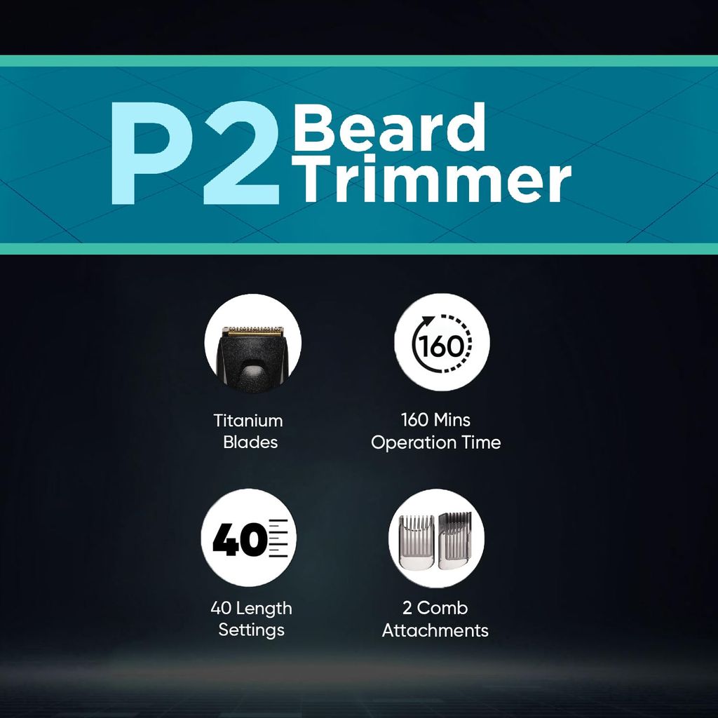 VEGA P2 Beard Trimmer For Men With 160 Mins Runtime, Titanium Blades & 40 Length Settings, (Vhth-26), Battery Powered, Corded Electric