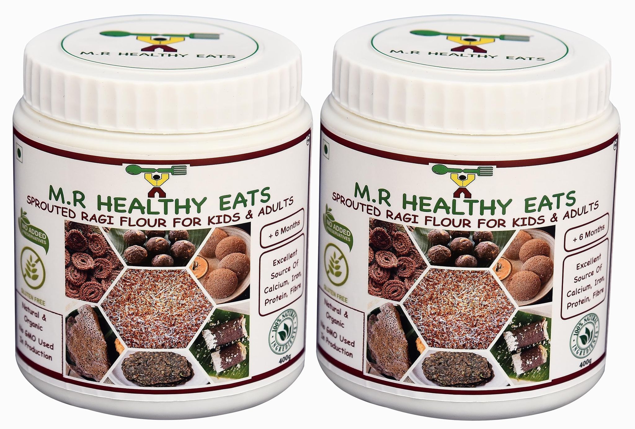 M.R Healthy Eats- Organic Sprouted Ragi Flour for Kids & Adults In Food-Grade Container 400 gms each (Pack of 2) (+6 Months)