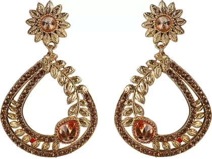Brilliant Flower & Leaf Stone Gold Plated Dangler Earrings