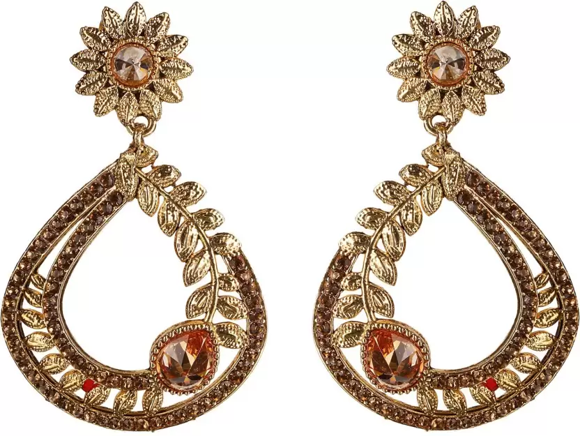 Brilliant Flower & Leaf Stone Gold Plated Dangler Earrings
