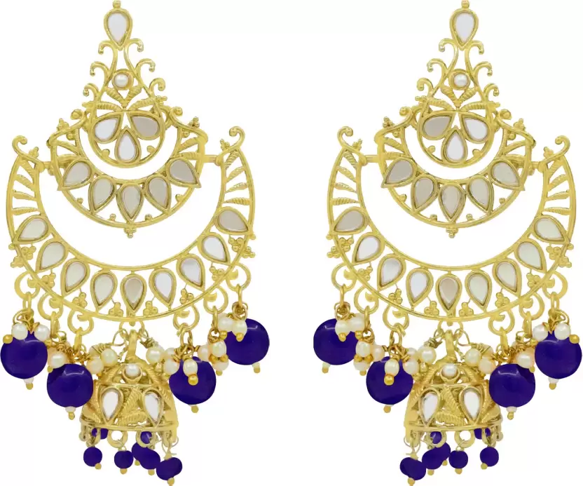 Gold-Plated Enamel Meenakari Floral Kundan Blue Pearl Jhumka Jhumki Earrings