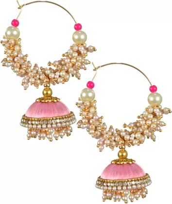 Baby Pink Silk Thread Earrings Jhumkas For Women Fabric Jhumki Earring