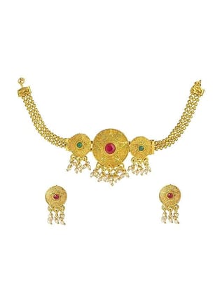 Gold Matt- Plated Red Stone-Studded Handcrafted Jewellery set