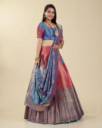 Wine And Firozi Kanchipuram Silk Zari Woven Latest Lehenga