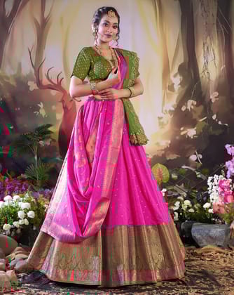 Rani And Mehendi Latest Banarasi Lehenga With Double Dupatta Rani And Mehendi Latest Banarasi Lehenga With Double Dupatta