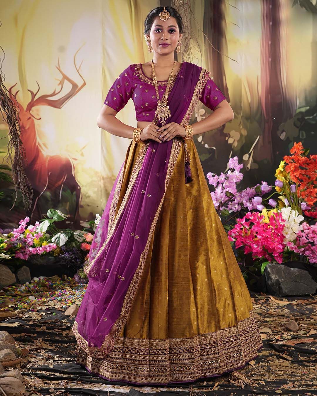 Musterd-Wine Zariwork Banarasi Silk Semi-Stitched Lehenga Choli For Women