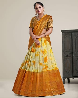 Yellow Shibori Dyeing Silk Lehenga In Viscose Fabric