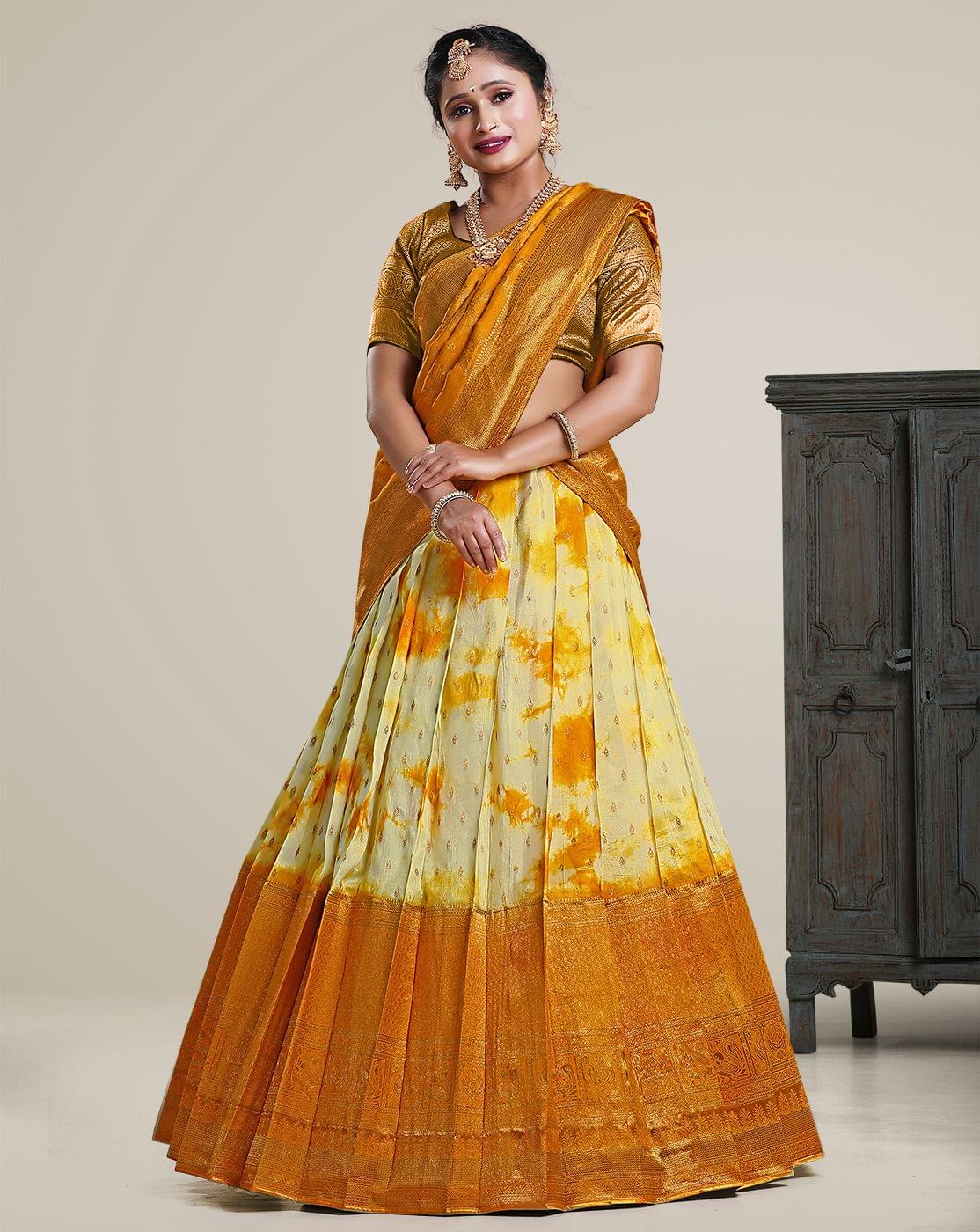 Yellow Shibori Dyeing Silk Lehenga In Viscose Fabric