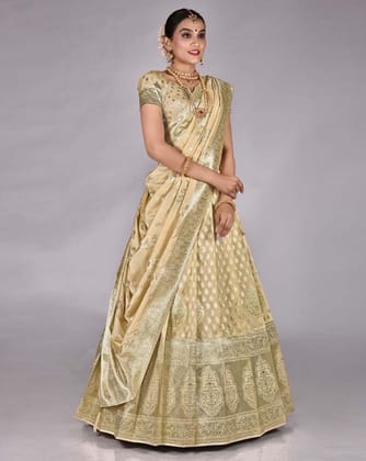 Cream Banarasi Silk Lehenga With Unstitched Blouse And Dupatta