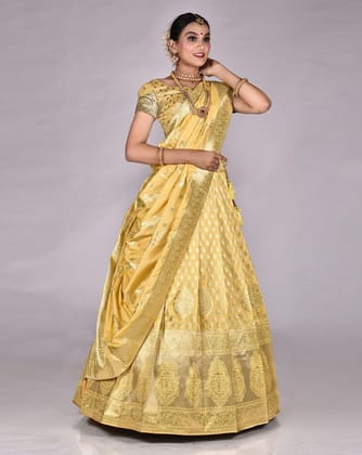 Yellow Banarasi Silk Lehenga With Unstitched Blouse And Dupatta