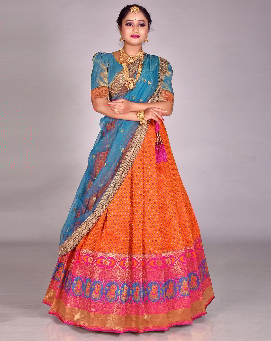 Gold And Firozi Banarasi Silk Woven Lehenga Choli With Dupatta