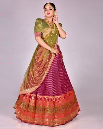 Magenta And Mehendi Banarasi Silk Woven Lehenga Choli With Dupatta Magenta And Mehendi Banarasi Silk Woven Lehenga Choli With Dupatta