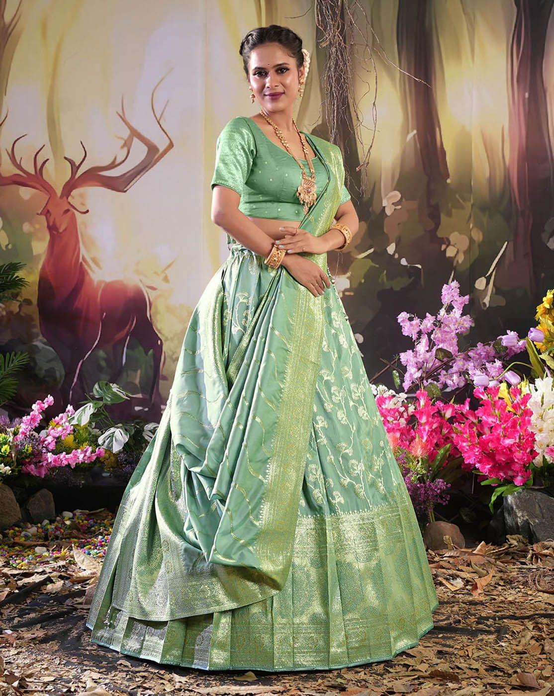 Green Zari Work Banarasi Silk Lehenga Choli
