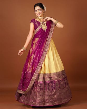 Yellow And Wine Latest Kanjivaram Silk Lehenga With Zari Woven Yellow And Wine Latest Kanjivaram Silk Lehenga With Zari Woven