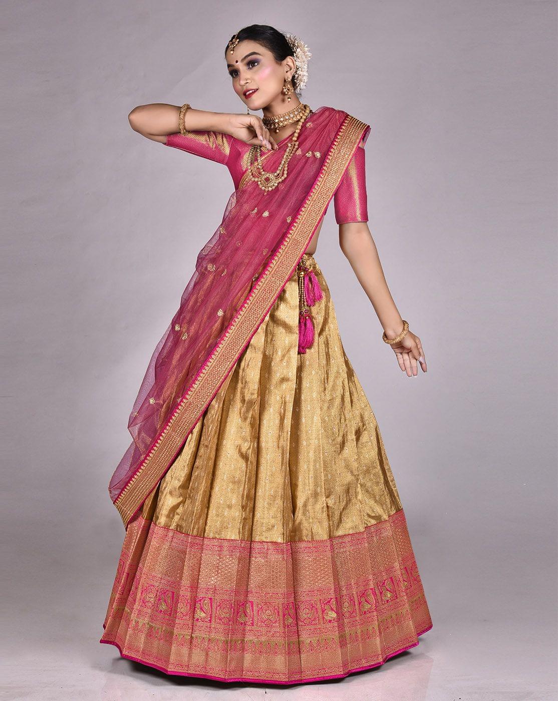 Gold And Rani Kanjivaram Silk Zari Work Pattu Lehenga Choli