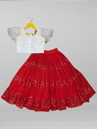 Kids Girl's net with Embroidered traditional Lehenga Choli For Grils(Red)