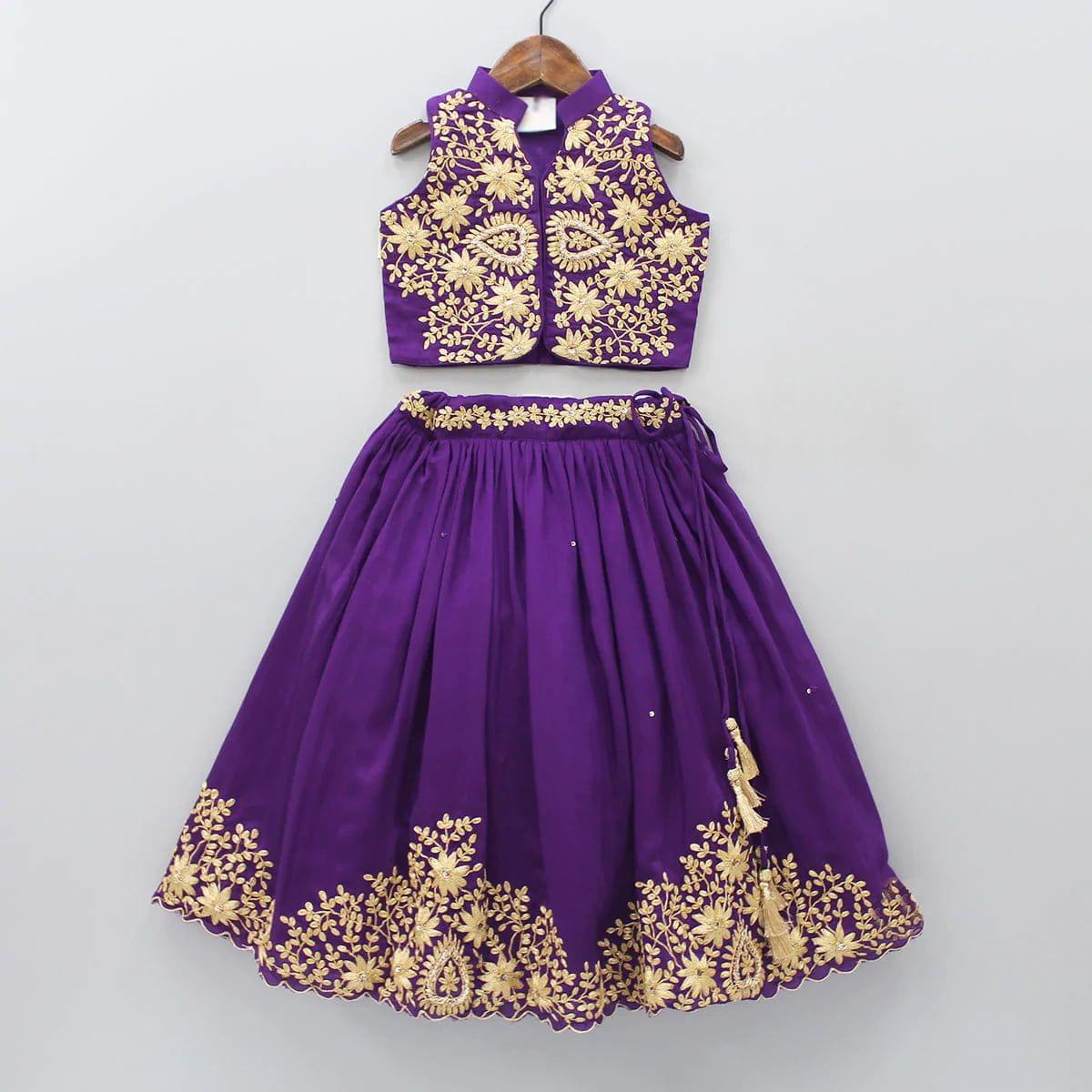 Kids Girls Taffeta Silk | Full Stitched | Embroidered Crop Top With Lehenga Set