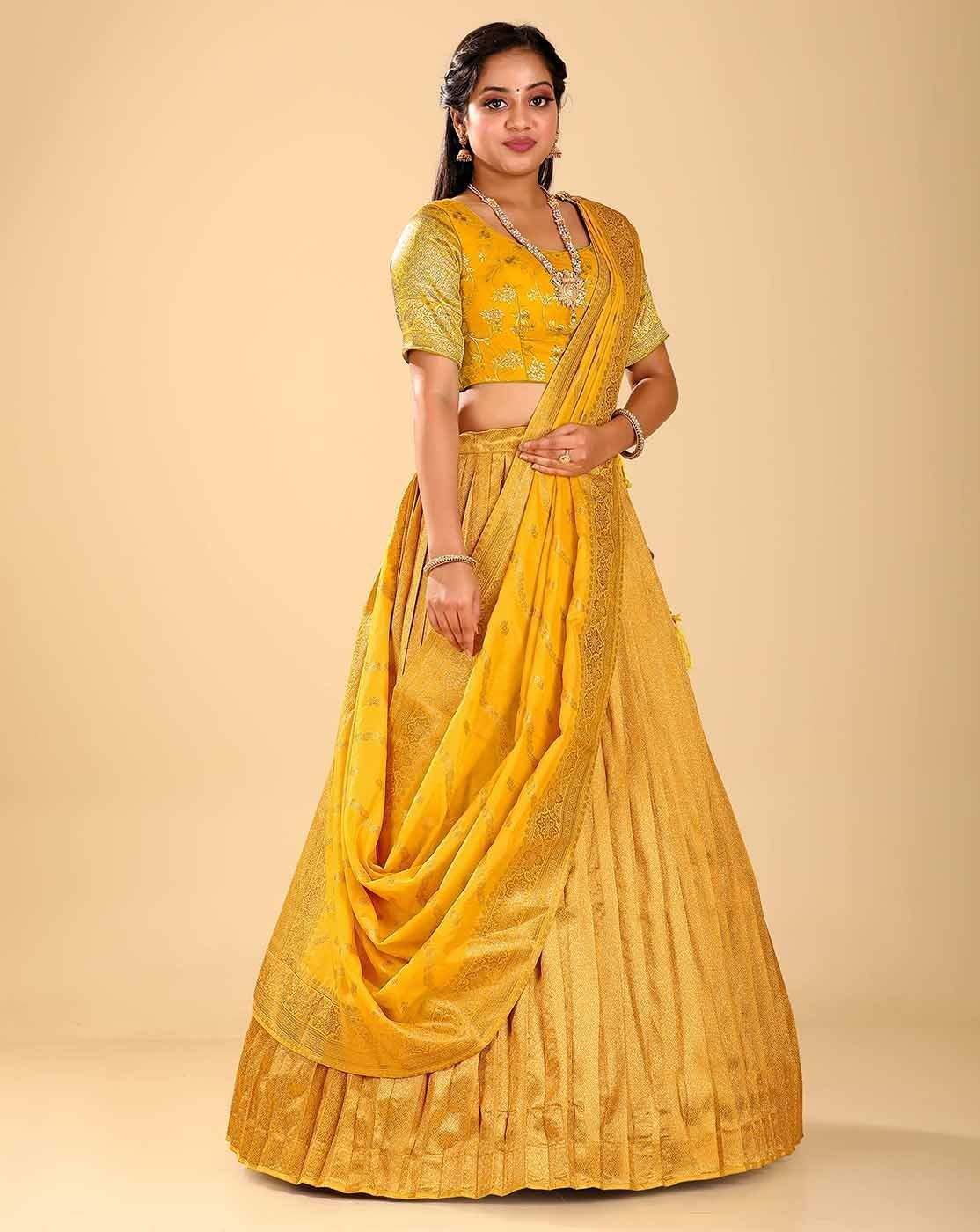 Yellow Zariwork Banarasi Silk Semi-Stitched Lehenga For Women