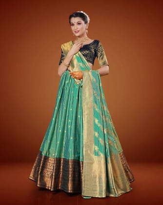 Green And Navy Blue Banarasi Silk Zari Work Pattu Lehenga