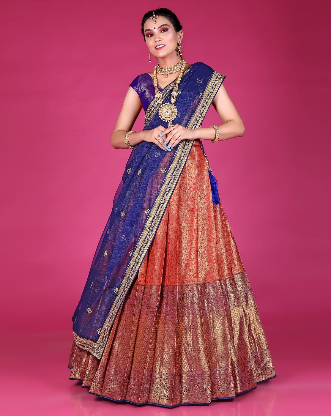 Red And Navy Blue Is A Banarasi Silk Zari Work Half Saree For Women.