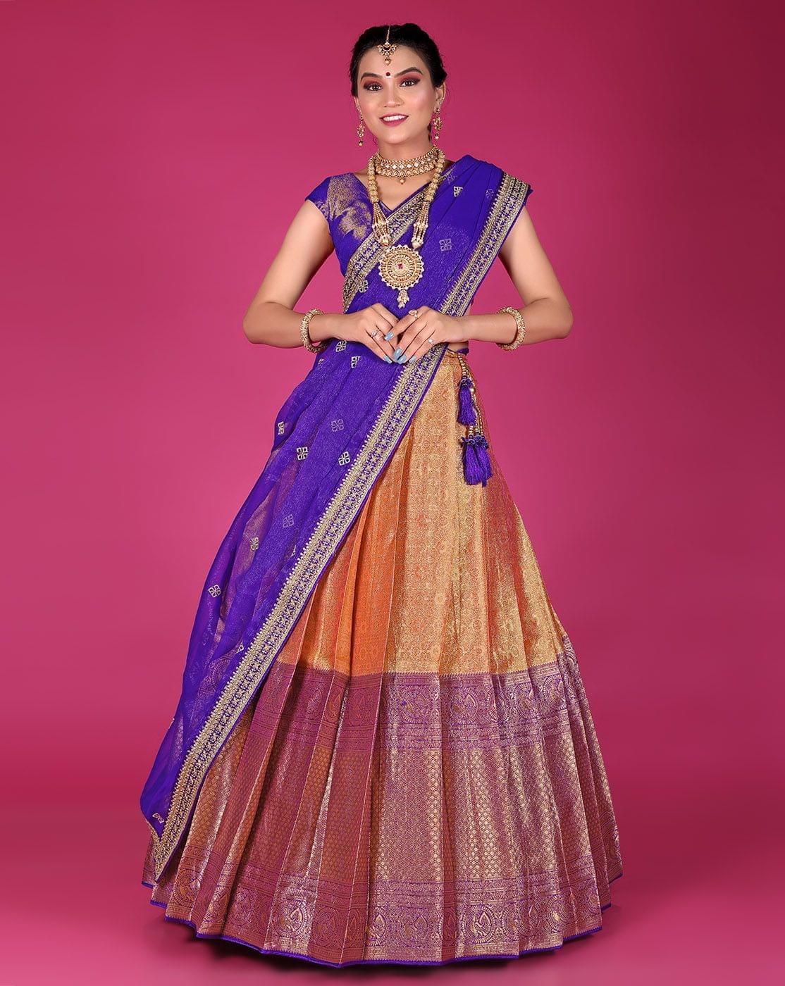 Yellow And Purple Is A Banarasi Silk Zari Work Half Saree For Women.