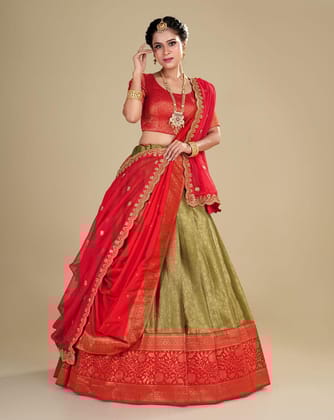 Green And Red Kanjivaram Silk Pattu Lehenga With Zari Woven