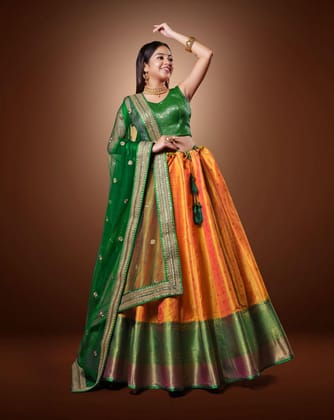 Elegant And Solid Banarasi Silk Semi-Stitched Half Saree With Unstitched Blouse And Dupatta