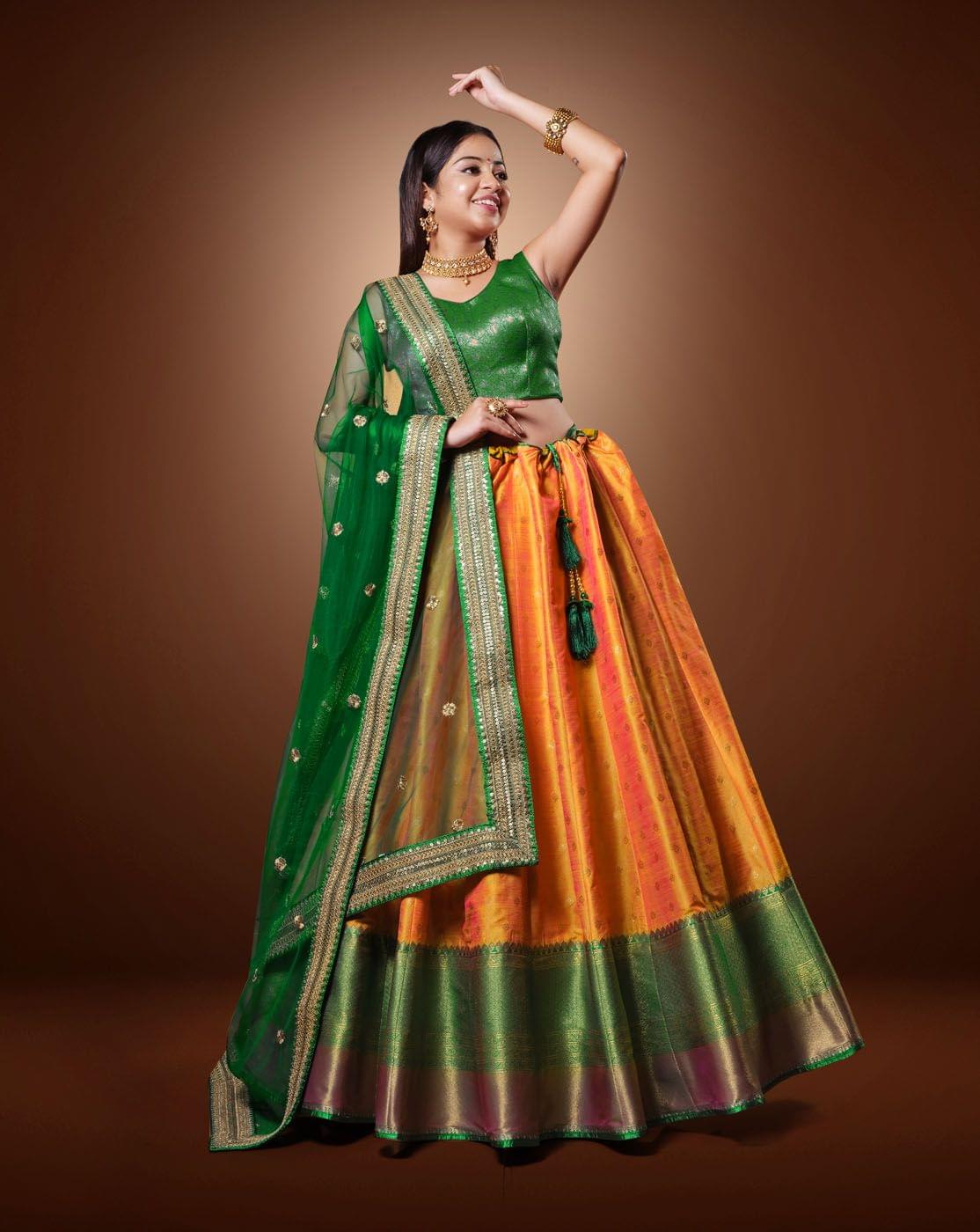 Elegant And Solid Banarasi Silk Semi-Stitched Half Saree With Unstitched Blouse And Dupatta