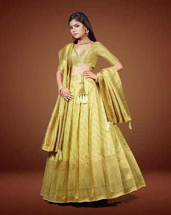 Lemon Embelished Banarasi Silk Lehenga With Intricate Zari Work, Unstitched Blouse, And Matching Dupatta.