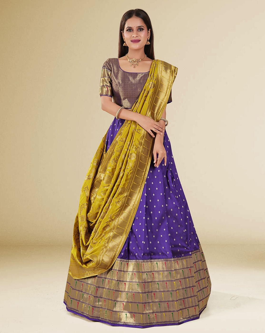 Blue And Musterd Banarasi Silk Zari Woven Pattu Half Saree