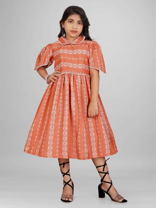 Girl's Cotton Unique Design Printed Knee Length A-Line Dress (OrangeRed)