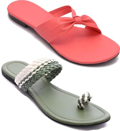 Women Green and Pink  Flats Sandal ( Pack of 2 )
