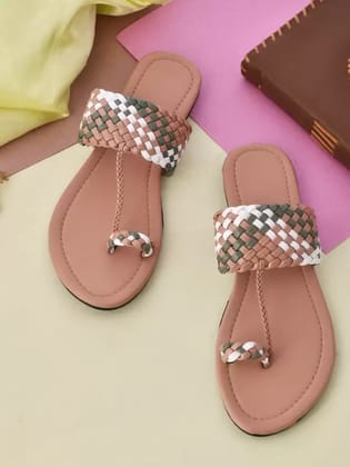 Women Pink, White, Green Flats Sandal