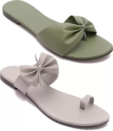 Women Green, Grey Flats Sandal (PACK OF 2)