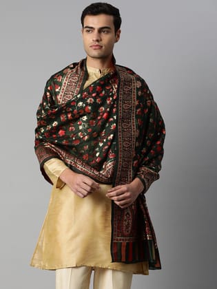 Men Dark Green and Gold Toned Pure Cotton Dupatta With Embrodried Woven Design