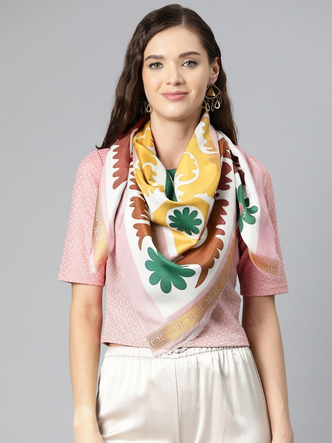 Women's Soft Silk Printed Scarves With Gold Zari